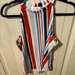 Amalfi Red and White Sleeveless Tank Top with Mandarin Collar